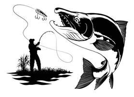 rivière pêcheur pêche saumon rouge Saumon noir et blanc illustration vecteur