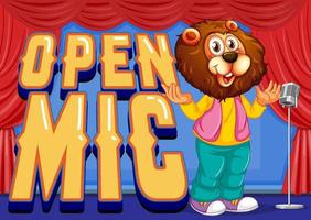 conception de bannière de micro ouvert avec dessin animé de lion chantant vecteur