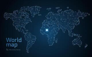 monde bleu carte montré dans une puce électronique modèle. gouvernement électronique. puce électronique séries vecteur