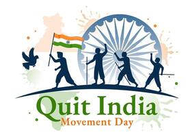 quitter Inde mouvement journée illustration sur 8 août avec Indien drapeau et gens silhouette dans plat dessin animé Contexte conception vecteur