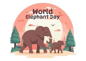 content monde l'éléphant journée illustration sur 12 août avec éléphants animaux pour salut efforts et préservation dans plat dessin animé Contexte vecteur