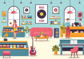 la musique boutique illustration avec divers musical instruments, CD, cassette bandes et l'audio enregistrements dans plat style dessin animé Contexte conception vecteur