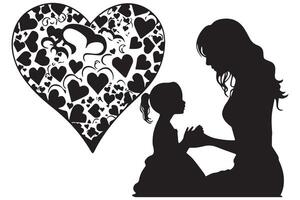 maman et enfant l'amour dans le style de silhouette blanc fondmère et fille silhouette dans le cœur forme, silhouette de une fille avec cœur vecteur