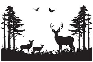 ancien forêt paysage avec noir et blanc silhouettes de des arbres et sauvage animaux vecteur