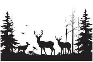 forêt des arbres cerf famille silhouettes vecteur