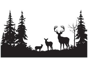 ancien forêt paysage avec noir et blanc silhouettes de des arbres et sauvage animaux vecteur