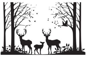 forêt des arbres silhouettes, cerf animal et canard troupeau, chasse sport. la nature paysage ou faune scène Contexte avec pin les bois et déchue arbre vecteur