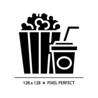 film pop corn seau pixel parfait noir glyphe icône. cinéma collation, théâtre traite. déchet nourriture, rayé boîte. silhouette symbole sur blanc espace. solide pictogramme. isolé illustration vecteur