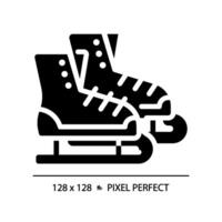 la glace figure patinage pixel parfait noir glyphe icône. hiver sport chaussure. saisonnier montrer, chorégraphie performance. silhouette symbole sur blanc espace. solide pictogramme. isolé illustration vecteur