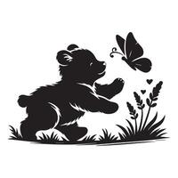 une mignonne ours ciselure une papillon illustration dans noir et blanc vecteur