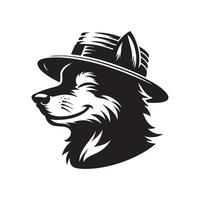 Loup logo - illustration de une content Loup avec chapeau dans noir et blanc vecteur