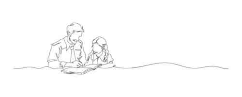 continu Célibataire dessiné, un ligne papa et fille en train de lire livre, parent l'amour enfant, ligne art illustration pour les pères journée décoration vecteur