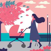 dessin de une femme avec une bébé poussette, et une bébé en marchant dans une parc avec une harmonieux Couleur palette, et cheveux soufflant dans le vent vecteur
