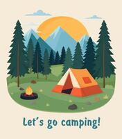 camping concept. illustration de paysage, montagnes, forêt, tente, feu de camp. camping dans la nature. été camp dans le montagnes. nous allons aller camping inscription. conception pour bannière, affiche, site Internet. vecteur