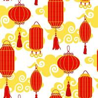 modèle est chinois rouge papier lanternes de différent formes avec pompons sur une Contexte de des nuages, culturel richesse et de fête atmosphère. une de fête festival. le lune festival. sans couture texture vecteur