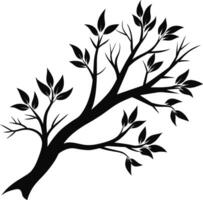 une noir et blanc silhouette de une arbre branche avec feuilles vecteur