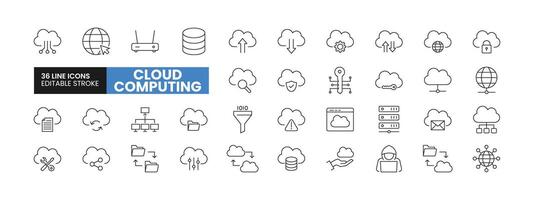 ensemble de 36 nuage l'informatique ligne Icônes ensemble. nuage l'informatique contour Icônes avec modifiable accident vasculaire cérébral collection. comprend nuage l'informatique, télécharger, télécharger, serveur, base de données, et plus. vecteur