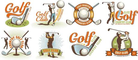 le golf rétro logo avec clubs des balles et golfeur vecteur