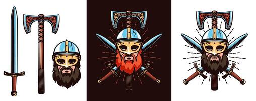 guerrier emblème avec barbu viking dans casque vecteur