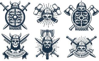 viking logo ensemble dans rétro timbre style. héraldique emblèmes avec guerriers et viking armes. ancien illustration. vecteur