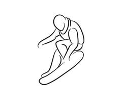 une noir et blanc dessin de une homme sur une snowboard vecteur