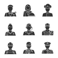 Ensemble d'icônes de glyphe de professions. métiers. médecin, opérateur de centre d'appels, cuisinier, policier, constructeur, nettoyeur, barman, serveuse. symboles de silhouette. illustration vectorielle isolée vecteur