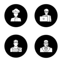 Ensemble d'icônes de glyphe de professions. métiers. garde du corps, nettoyeur, informaticien, pigiste, cuisinier. illustrations vectorielles de silhouettes blanches dans des cercles noirs vecteur