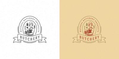 Boucher magasin logo illustration chef en portant Viande silhouette bien pour agriculteur ou restaurant badge vecteur