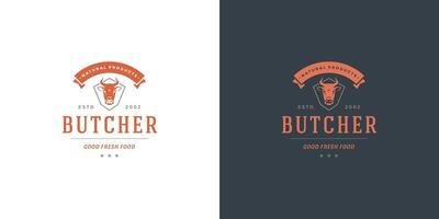 Boucher magasin logo illustration vache tête silhouette bien pour ferme ou restaurant badge vecteur