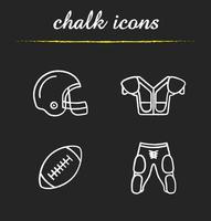 Ensemble d'icônes de craie d'équipement de football américain. casque, épaulette, ballon, short. illustrations de tableau de vecteur isolé