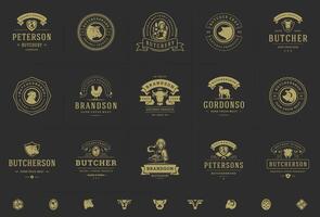Boucher magasin logos ensemble illustration bien pour ferme ou restaurant badges avec animaux et Viande silhouettes vecteur