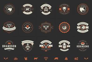 Boucher magasin logos ensemble illustration bien pour ferme ou restaurant badges avec animaux et Viande silhouettes vecteur