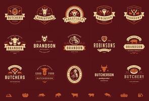 Boucher magasin logos ensemble illustration bien pour ferme ou restaurant badges avec animaux et Viande silhouettes vecteur