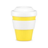 Jaune tasse pour café 3d icône. papier carton récipient avec blanc couvercle et jante vecteur