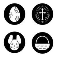 ensemble d'icônes de pâques. crucifix d'église avec lumière autour, lapin de pâques, oeuf avec motif de fleurs, panier. illustrations vectorielles de silhouettes blanches dans des cercles noirs vecteur