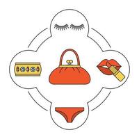 Ensemble d'icônes de couleur de contenu d'accessoires pour femmes. extension de cils, culotte, rouge à lèvres, sac à main, bracelet. illustrations vectorielles isolées vecteur