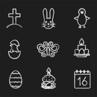ensemble d'icônes de craie de pâques. croix sur la colline, poulet nouveau-né en coquille d'oeuf, lapin de pâques, oeufs avec gâteau et bougies, calendrier du 16 avril, papillon. illustrations de tableau de vecteur isolé