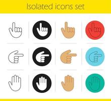 ensemble d'icônes de gestes de la main. styles linéaire, noir et couleur. paume, vers le haut et la droite. illustrations vectorielles isolées vecteur