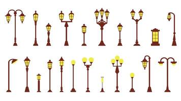 ensemble de Icônes de moderne et ancien lanternes de éléments de Urbain Infrastructure et ville parcs, des illustrations dans une plat style. vecteur
