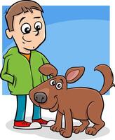 marrant dessin animé garçon personnage avec le sien animal de compagnie chien vecteur