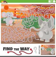 Labyrinthe Jeu avec dessin animé éléphants animal personnages vecteur