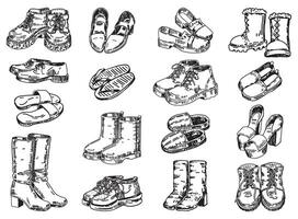 chaussure griffonnage ensemble. esquisser de chaussures, des sandales, chaussons, bottes. contour des illustrations collection. vecteur