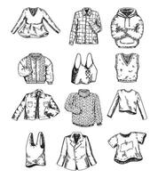 vêtements griffonnage ensemble. esquisser de tee-shirts, chandails, vestes, chemisiers. contour des illustrations collection. vecteur