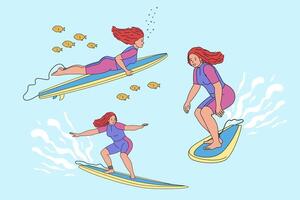 les femmes sportives sur une planche de surf dans différent icône pose. une fille surfeur captures une vague sur sa planche. l'eau des sports. équilibrage à mer. illustration isolé sur bleu Contexte dans plat style. vecteur