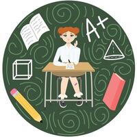 mignonne fille avec rouge cheveux séance à une école bureau, près marque livre crayon cube, sur vert cercle. retour à école édition. plat vecteur