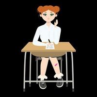 mignonne fille avec rouge cheveux séance à une école bureau avec élevé main sur noir Contexte. retour à école édition. plat vecteur