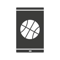 icône de glyphe d'application de basket-ball pour smartphone. symbole de silhouette. téléphone intelligent avec ballon de basket. espace négatif. illustration vectorielle isolée vecteur