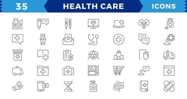 médicament et santé symboles pixel parfait ligne Icônes ensemble. vecteur
