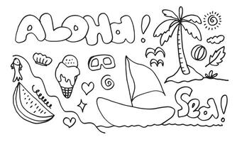 illustration de doodle mignon dessiné à la main aloha. conception hawaïenne. vecteur