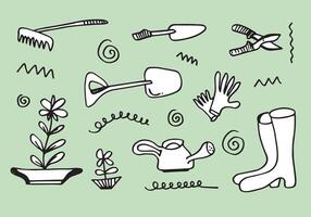 main tiré jardin outils, printemps jardinage, esquisser, plante. vecteur